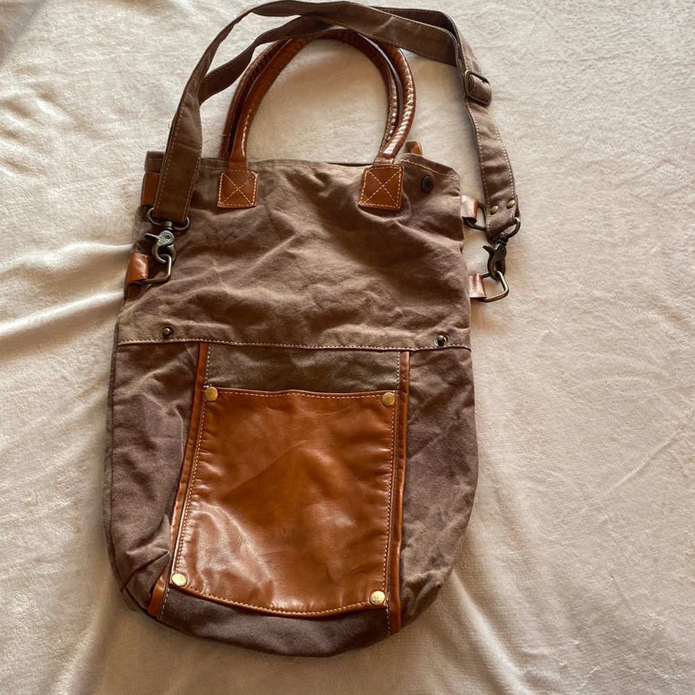 Handmade leather and canvas purse with adjustable straps, brown